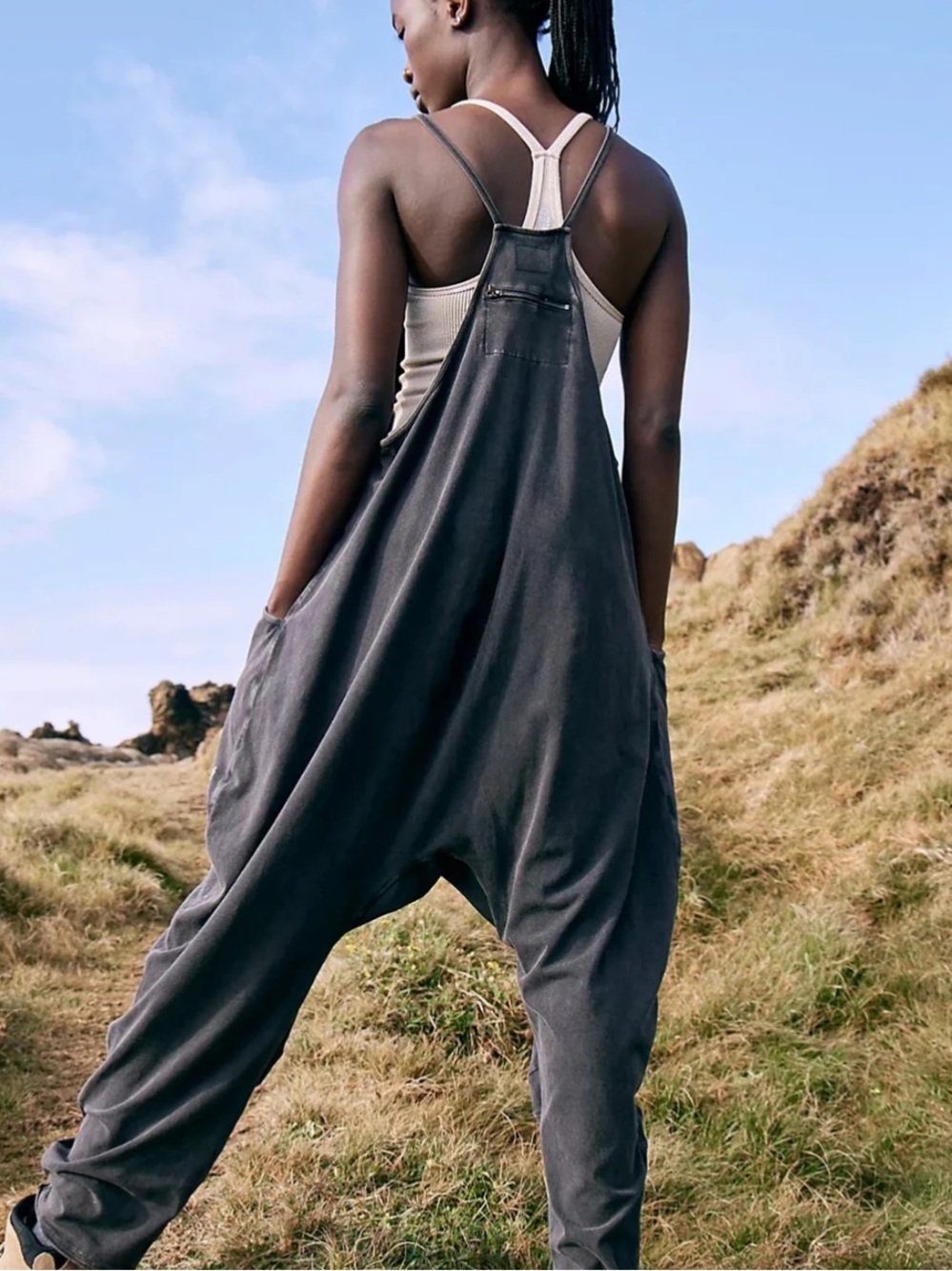 Free People Hot Shot Onesie Relaxed Black Sleeveless Romper- washed black XS - Picture 3 of 7